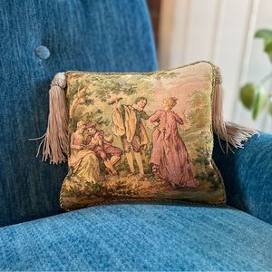 Vintage tapestry accent pillow. French countryside scene.